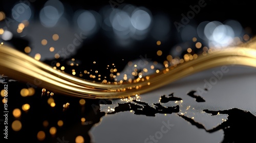 Luxury investment growth concept golden wave on dark Abstract global network connection over world map with golden data stream and bokeh lights, futuristic technology background