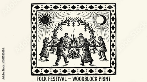 Pagan Ritual Folk Festival Woodblock Print Illustration, People Dancing Around a Bonfire under Sun and Moon, Mystical Community Gathering with Runes and Celestial Symbols