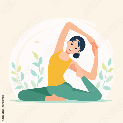 Happy Woman Engaging in Peaceful Yoga Stretch for Mind-Body Harmony and Well-being