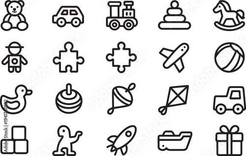 Black and white line of various children toys and teddy bear