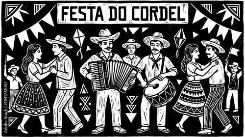 Brazilian Cordel Woodcut Illustration of a Traditional Folk Festival with Accordion Player, Drummer, and Dancing Couples in Northeastern Brazil