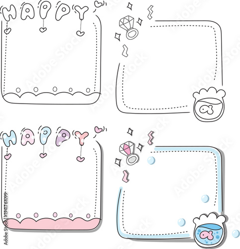 Joyful Frame Quartet: Playful sketches create delightful frames with Happy banners, engagement ring doodles, and a whimsical fishbowl, ready for cheerful notes and celebrations.