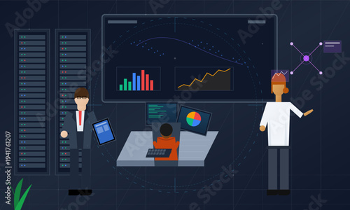 This illustration depicts IT experts in a modern control room
