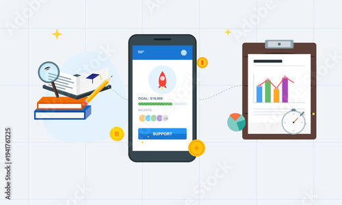 A flat vector illustration showing a smartphone with a crowdfunding