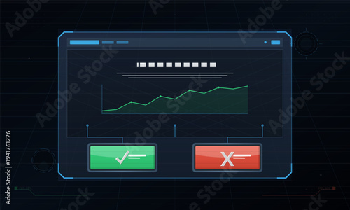 A futuristic digital interface displays a green line graph showing an