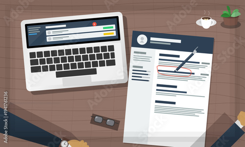 A top-down vector illustration of a desk featuring a laptop, a resume