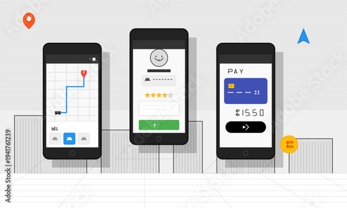 Three smartphone screens displaying a ride-sharing or delivery app