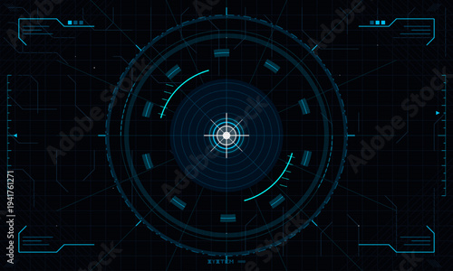 A futuristic digital heads-up display interface featuring a central