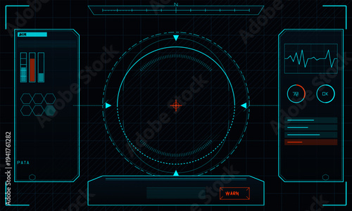 A futuristic digital heads-up display featuring a central circular