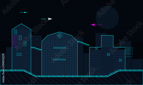 A futuristic digital cityscape illustration featuring stylized