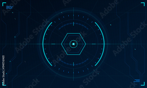 A futuristic digital HUD interface featuring a central hexagon