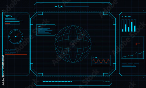 A futuristic HUD interface featuring a central wireframe globe
