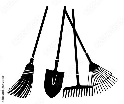 Silhouette of Gardening Tools: Broom, Shovel, and Rake