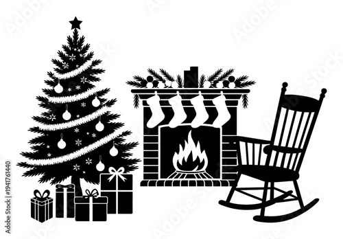 Silhouette of a Christmas tree, fireplace with stockings, and rocking chair