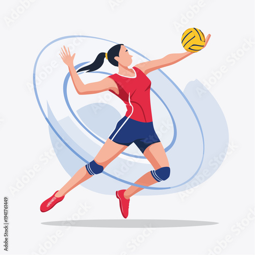 Female athlete serving a volleyball during a game with an energetic motion trail