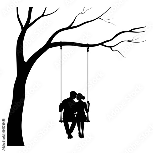 Silhouette of a couple on a swing under a tree