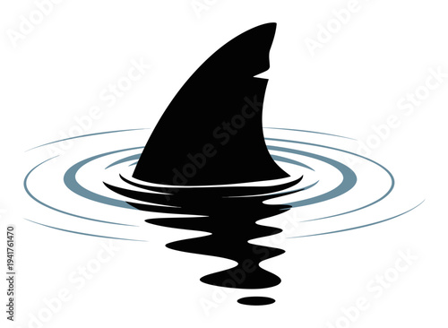 Silhouette of a black shark fin emerging from rippling water with reflection