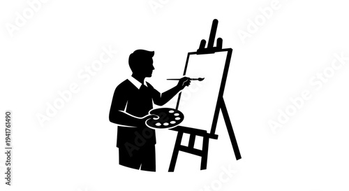 Artist painting on canvas with easel and palette silhouette.