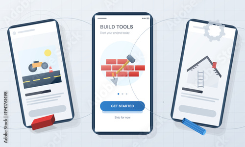 A vector illustration showing three smartphones displaying mobile