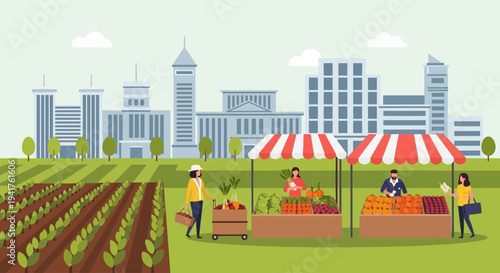 Farm to Table: Urban Farmers Market Stalls selling Fresh Produce in Front of City Skyline. Flat Vector Illustration.