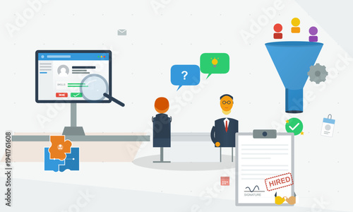 A conceptual vector illustration showing steps of the hiring process
