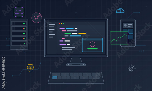 A dark vector illustration representing software development with a
