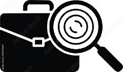 Silhouette icon of business briefcase with magnifying glass symbol representing job search, employment investigation, career exploration, recruitment analysis, 