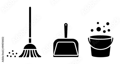 Iconography of cleaning tools: broom, dustpan, and bucket with bubbles