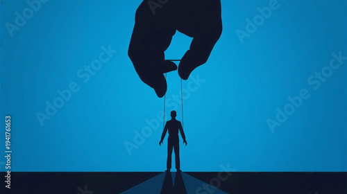 silhouette of a giant hand manipulating a marionette on blue background vector illustration