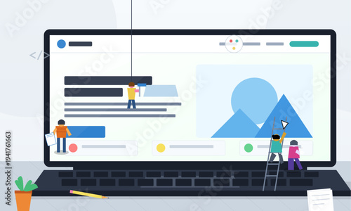 Flat vector illustration of small characters constructing a website