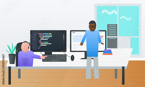 A minimalist vector illustration of two software developers working