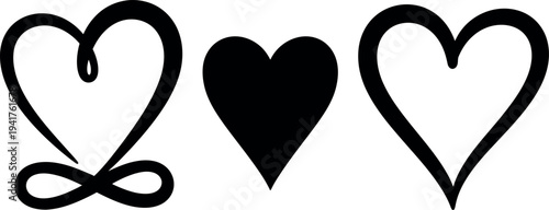 Three stylized heart shapes in black on a white background