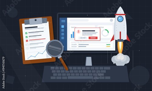 Vector illustration of a computer monitor displaying a dashboard with