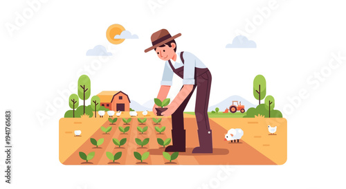 Happy farmer planting sprouts in a large farm field. Rural agriculture scene with barn, livestock, and tractor. Flat vector design.