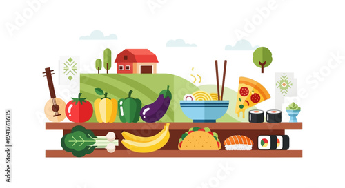 Global Food Diversity: Flat Illustration of International Cuisine (Ramen, Sushi, Pizza, Tacos) and Fresh Farm Produce on Shelves.