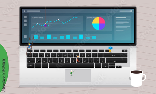 This vector illustration depicts tiny stick figures interacting with