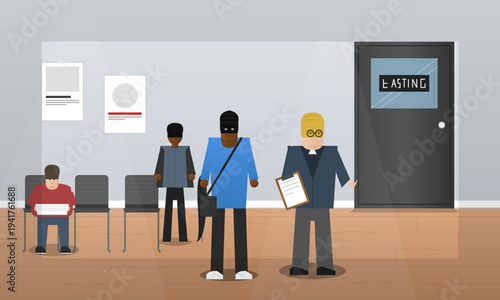 A flat vector illustration depicts diverse characters in a waiting