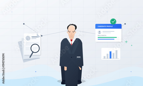 A flat vector illustration of a male candidate in a suit surrounded