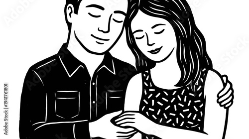 Romantic Minimalist Black and White Line Art Illustration of a Loving Couple Embracing and Holding Hands in a Tender Moment