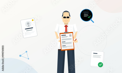 A flat vector illustration of a male recruiter holding a clipboard