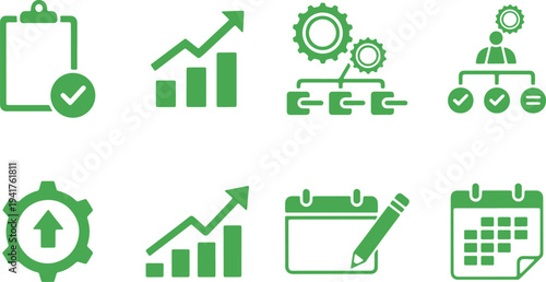Illustration of set of green business and management icons