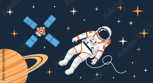 Astronaut floating in space near a satellite and planet.