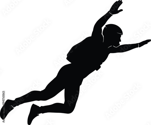 Silhouette of skydiver in freefall wearing helmet and parachute backpack, arms and legs extended horizontally, extreme sport adventure concept, skydiving posture illustration