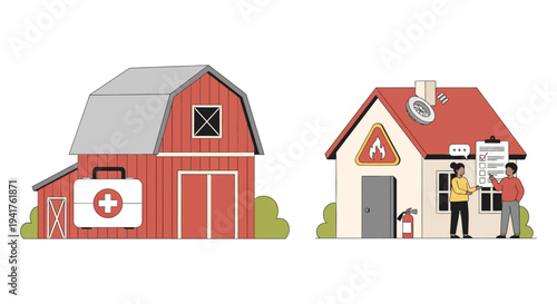 Home and Farm Property Safety Assessment. Insurance Agent Checking Fire Risk Checklist and First Aid Preparedness.