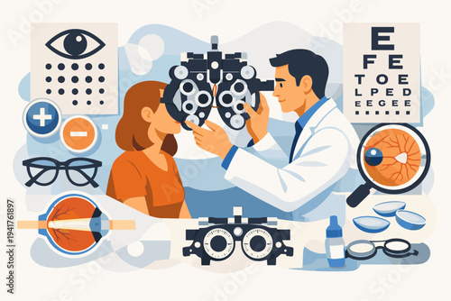 Professional Ophthalmologist Examining Patient Vision with Phoropter in Medical Clinic. Flat Vector Illustration Featuring Eye Care Elements like Snellen Chart, Glasses, and Detailed Eye Anatomy.