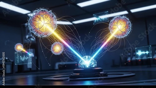 Futuristic Science Experiment with Glowing Orbs and Energy Beams.