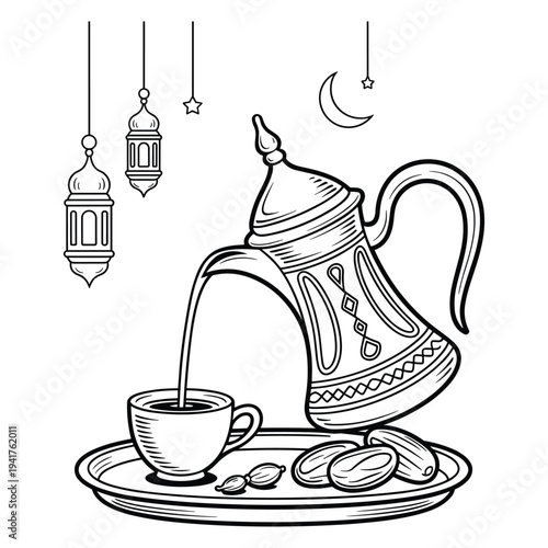Traditional Arabic coffee pot pouring hot drink into cup with dates on tray under Ramadan lanterns and crescent moon