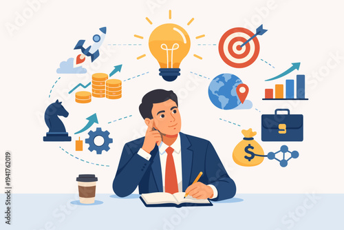 Successful businessman sitting at desk writing in notebook while brainstorming creative ideas and profitable opportunities with icons of strategy, finance, growth, and innovation in flat vector.
