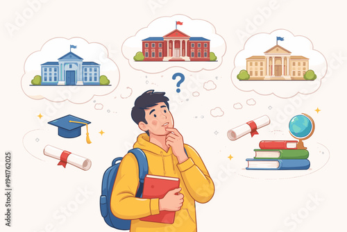 Student Thinking of Postgraduate Education and Deciding on a College or University Vector Illustration. Young Man with Backpack and Book Considering Different Academic Institutions and Degrees.