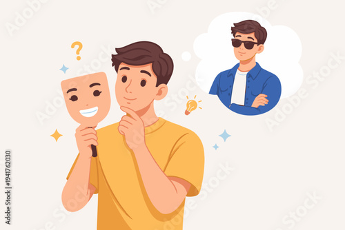 Vector illustration of a young man holding a smiling mask and thinking about acting like another person. Concept of social identity, imposter syndrome, fake personality, and self-reflection.